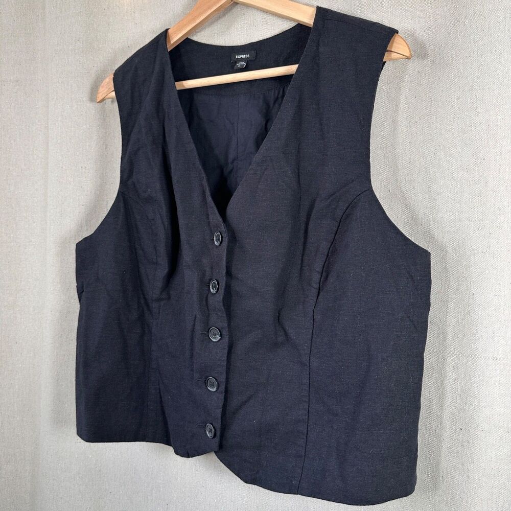 Express Women’s XL Linen Blend Black Button Front Vest Tailored Minimalist